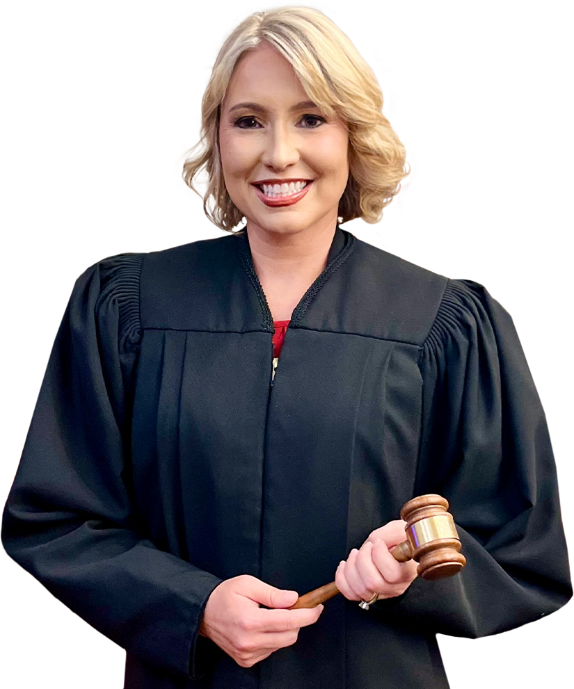 Judge Jill Lanzinger smiling and holding a gavel
